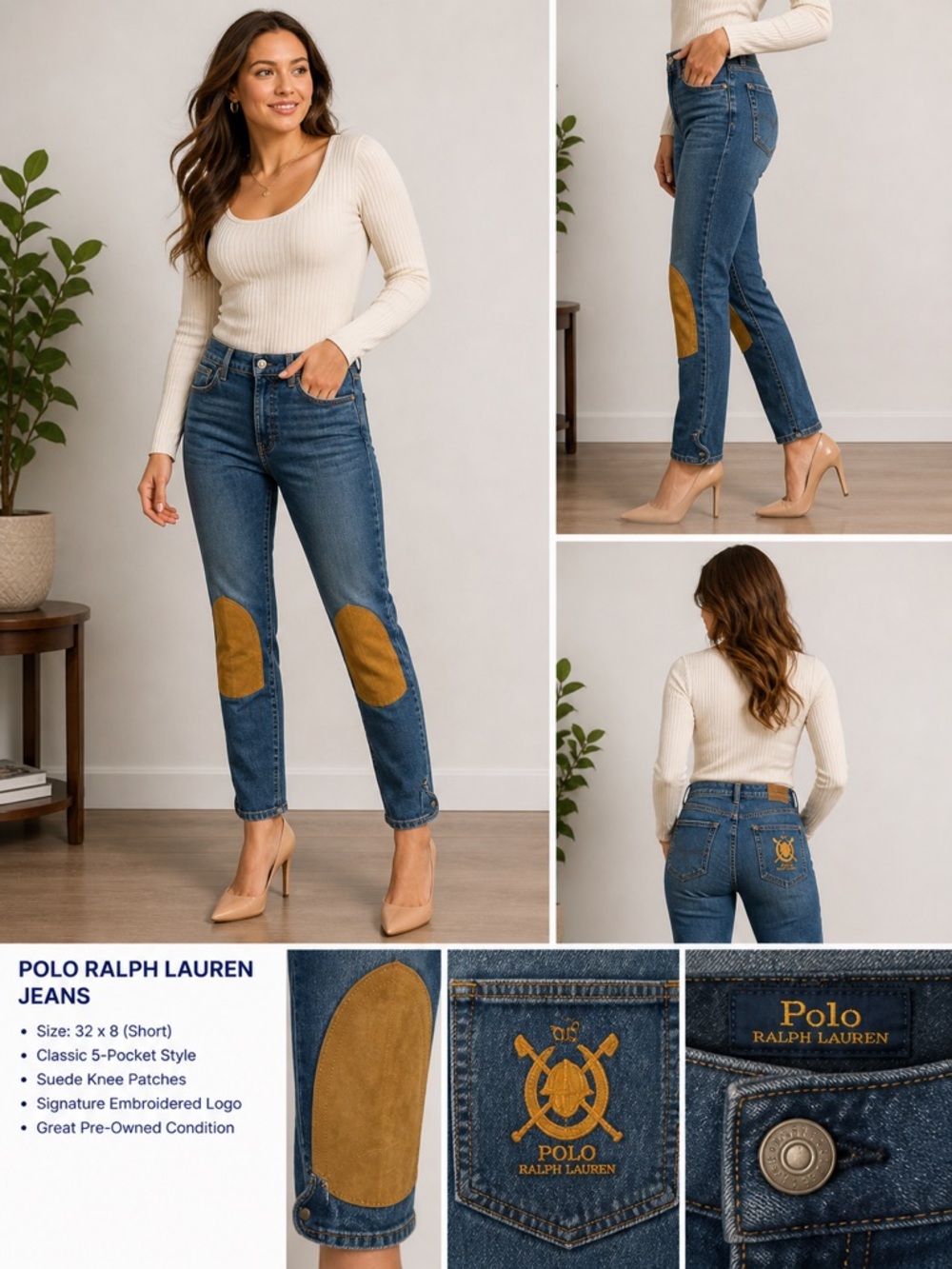 Ralph Lauren Blue Denim Straight-Leg Jeans with Tan Suede Knee Patches